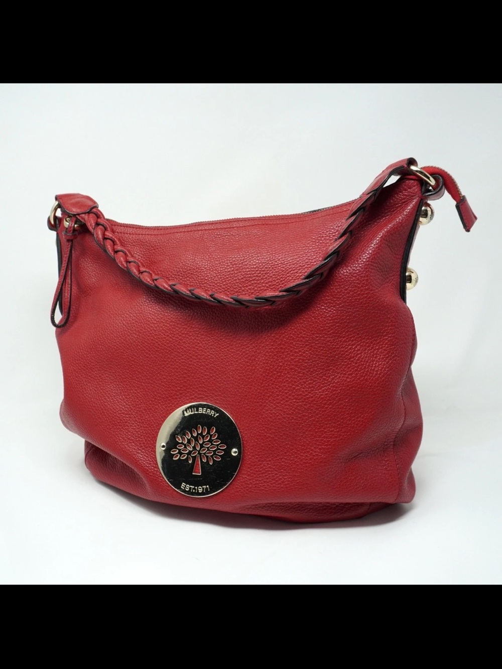 Mulberry Red Leather Braided-Handle Shoulder Bag